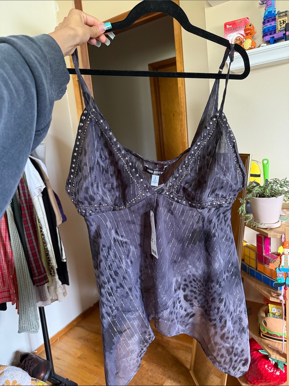 Urban Outfitters Charcoal Gray Satin Cami with Stud Accents